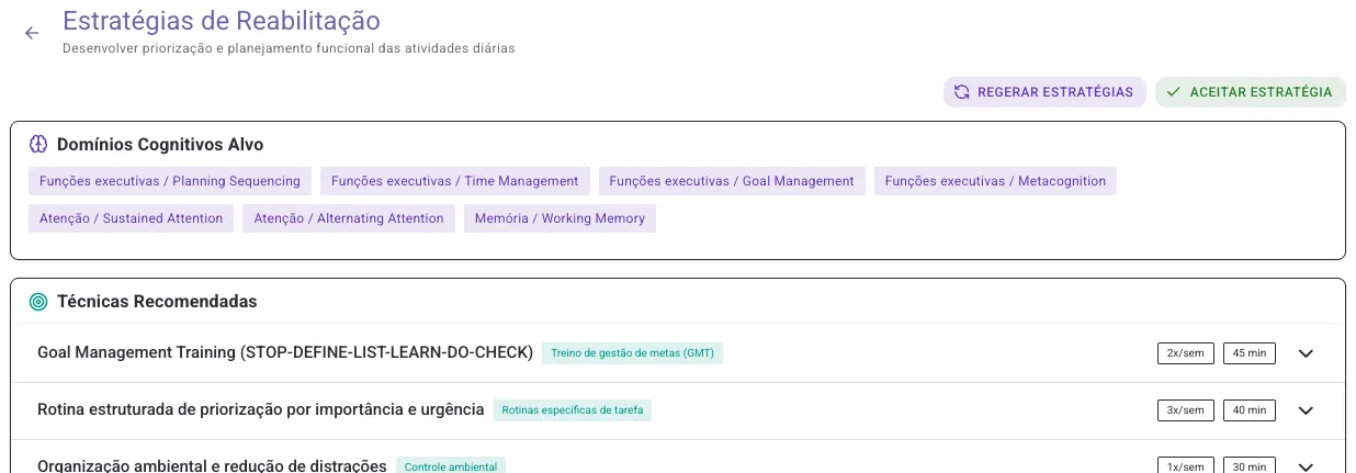 Tela de estratégias de reabilitação do BRAIN, com os domínios cognitivos alvo do paciente e as primeiras técnicas recomendadas para a meta em tratamento