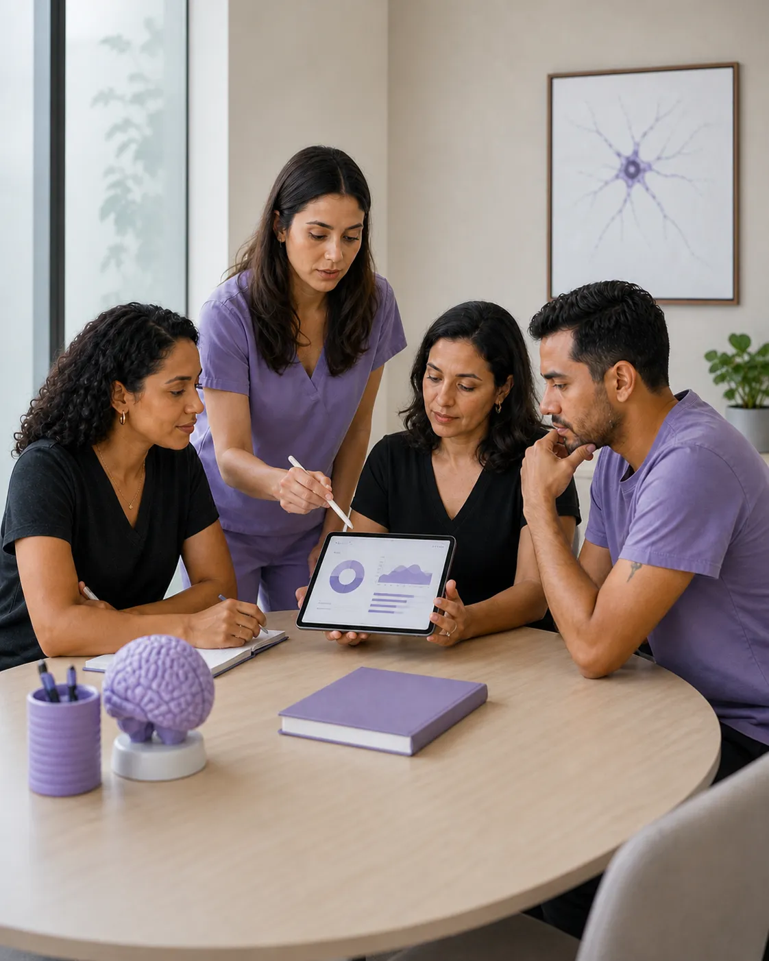 Quatro profissionais reunidos ao redor de uma mesa, analisando gráficos de evolução em um tablet.