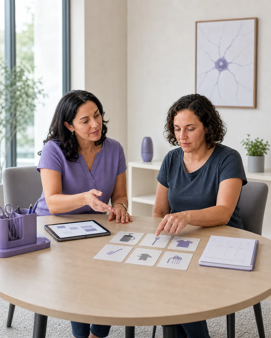 Duas mulheres à mesa de um consultório, organizando cartões com imagens de atividades do dia a dia.