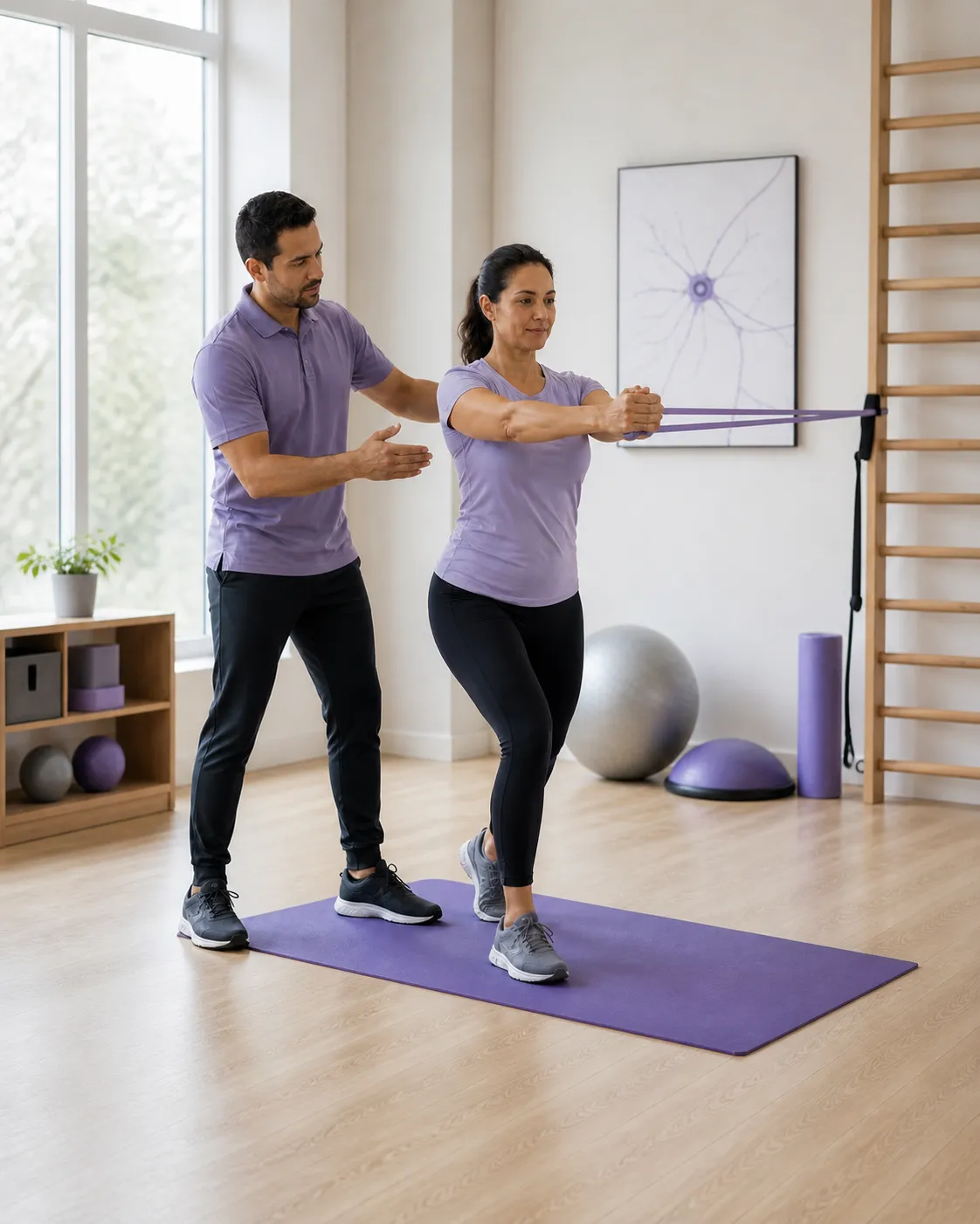 Profissional orientando a postura de uma mulher durante um exercício com faixa elástica em um estúdio.